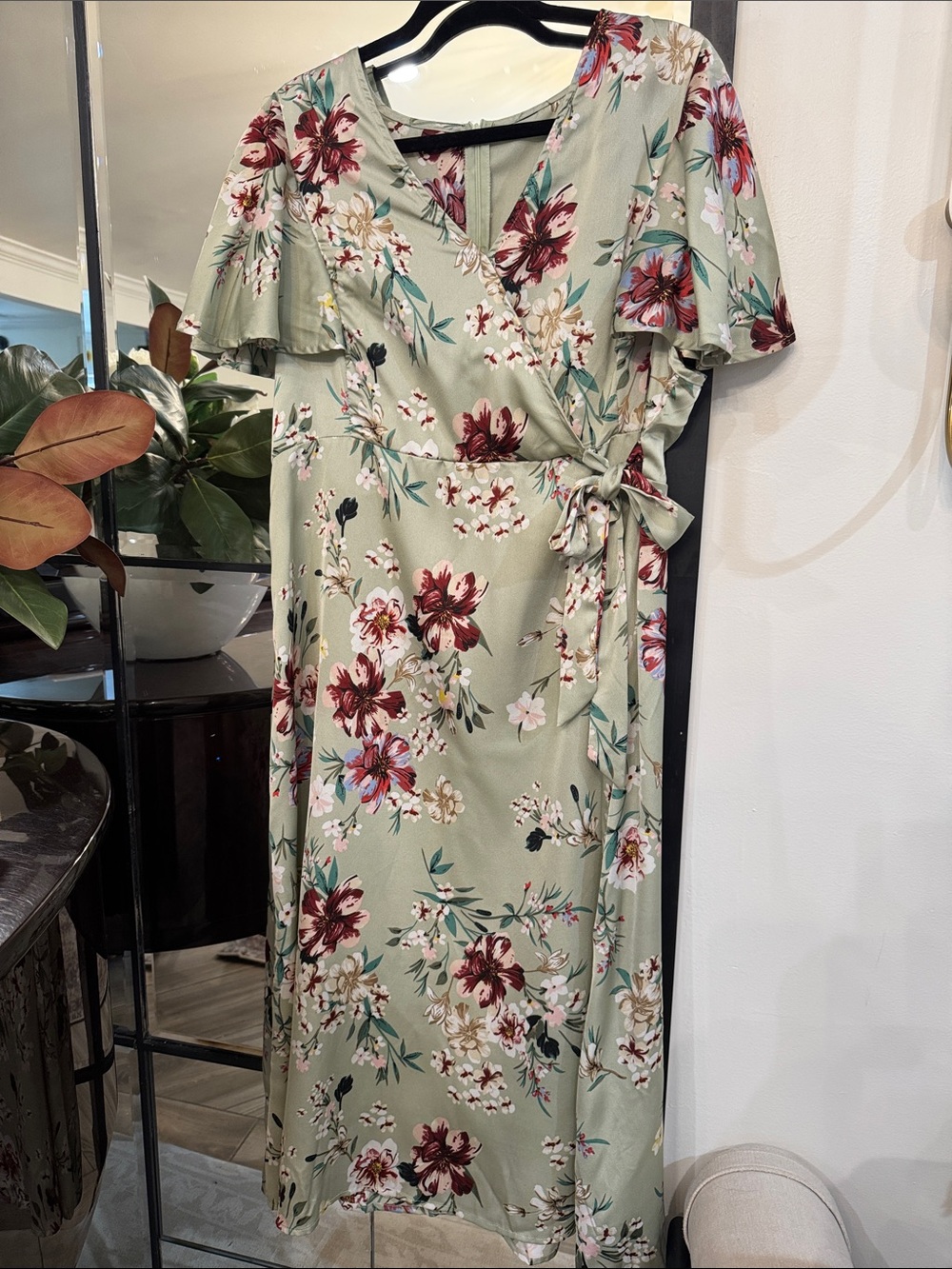 Floral Midi Dress in Sage Green, cardigan included , satin like material